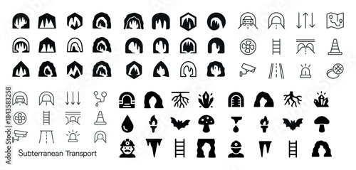 Subterranean transport themed icon set collection with tunnels a