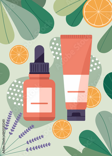 This attractive flat lay showcases beauty products alongside vibrant greenery and citrus slices, emphasizing freshness, self-care, and natural ingredients in skincare.