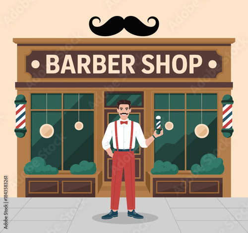 A classic barber shop scene featuring a well-dressed barber holding a traditional striped barber pole outside an inviting storefront with vintage decor elements.