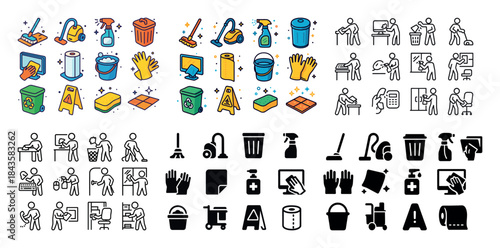 Colorful and monochrome cleaning icons with people in office and