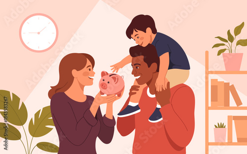 A heartwarming family moment where parents and their child joyfully interact with a piggy bank, symbolizing savings, financial education, and familial bonds.