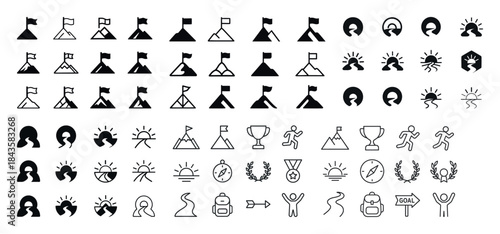 Minimalist adventure icons set featuring mountain, trophy, and s