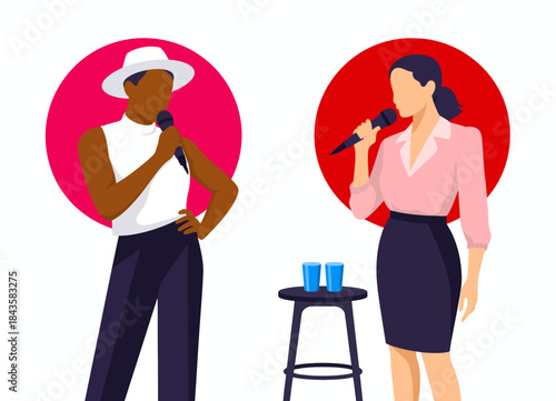 Two diverse singers stand on stage, holding microphones, radiating energy and passion in their performance, capturing the essence of music, connection, and expression.