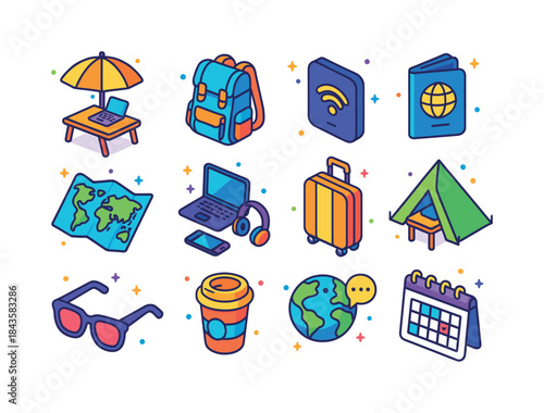 Digital Nomad Essentials. Digital nomads. Colorful isometric vec