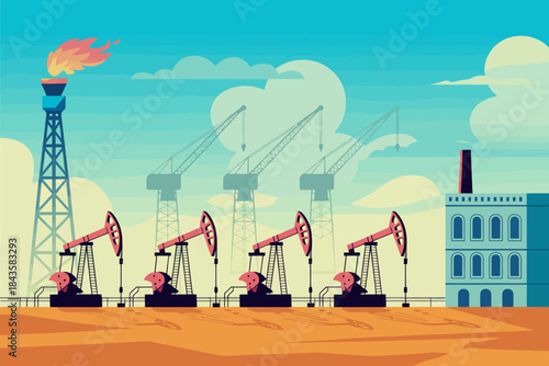 An artistic portrayal of an oil extraction landscape filled with machinery and a flare tower, representing the energy industry and the complexities of modern resource management.