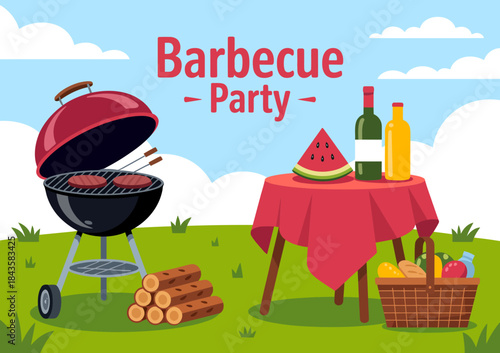 An inviting barbecue party scene is set outdoors featuring a grill, delicious food, fresh drinks, and summer vibes, perfect for celebrations and gatherings.