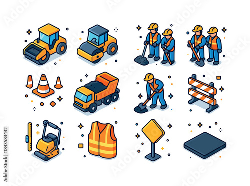 Isometric Road Construction Icons. Paving crews working on road