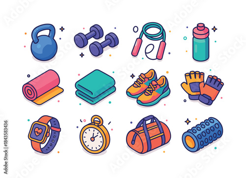 HIIT Gear Icons. HIIT gear. Colorful isometric vector icons set