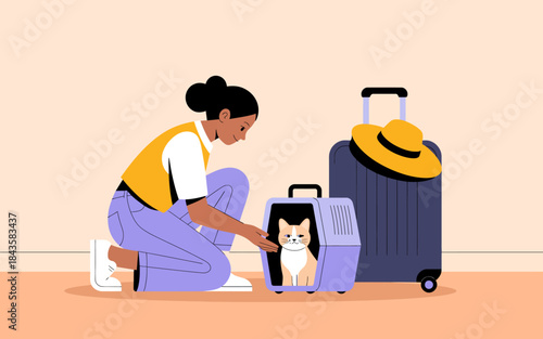 A woman prepares for travel while managing her cat's comfort in a carrier, emphasizing the bond between pet and owner in a well-organized, stylish travel setting.