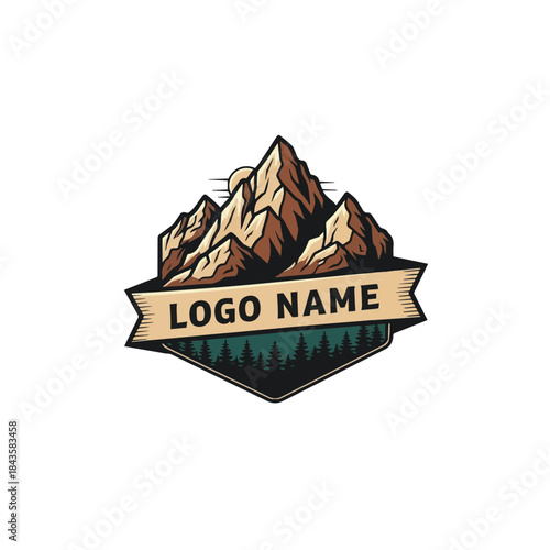 Vintage Mountain Badge Logo with Ribbon Banner – Suitable for Outdoor Brand, Adventure Club, Hiking Community, Travel Logo