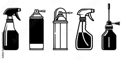 Cleaning spray bottles and aerosol can icons. 