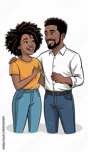 A cheerful couple with curly hair and a confident smile stand closely together, radiating warmth and affection, embodying joy and happiness in their interaction.