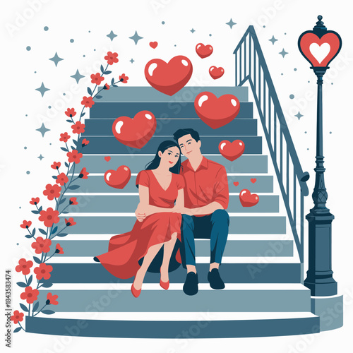 A couple sits romantically on stairs surrounded by hearts and flowers, portraying love, affection, and joyful togetherness in a dreamy environment of romance.