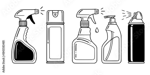 Cleaning spray bottles and aerosol can icons. 
