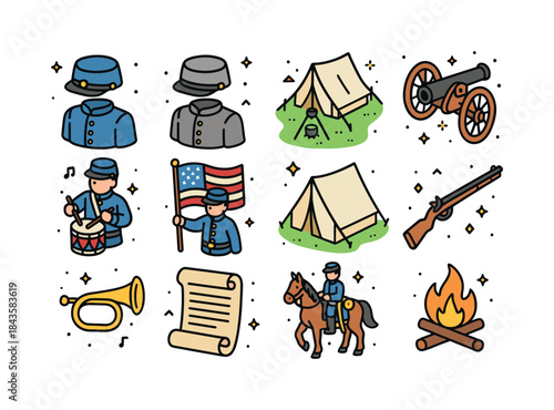 Civil War Icon Set. Civil War reenactment. Colorful isometric ve