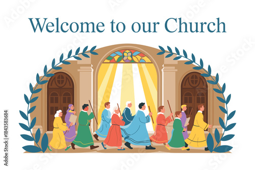 Welcome to our church with people praying inside a beautiful building