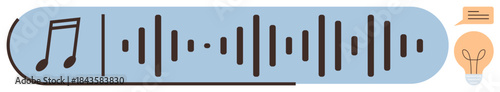 Audio waveform and musical note beside text bubble and light bulb, representing sound, communication, and innovation. Ideal for music, podcasting, audio design, creativity, learning media