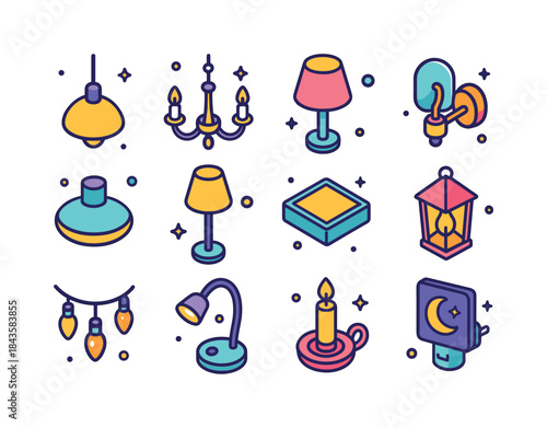 Colorful Isometric Lighting Icons. Home Lighting. Colorful isome