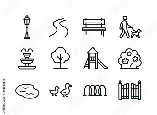 Park Icon Set. Park scene sketches. Line icon set of park scene