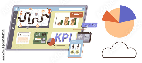 Digital dashboard showing KPI metrics, business roadmap, analytics charts, and mobile data. Ideal for data analysis, strategy, performance tracking, financial planning, productivity management