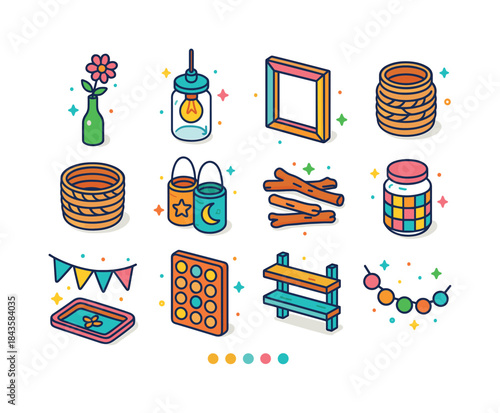 Colorful Upcycled Decor Icons. Upcycled Home Decor. Colorful iso