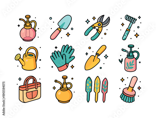 Stylish Plant Tools Icons. Stylish plant tools. Colorful isometr
