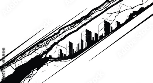 Urban landscape fractured by seismic fault line, symbolizing disaster and resilience.
