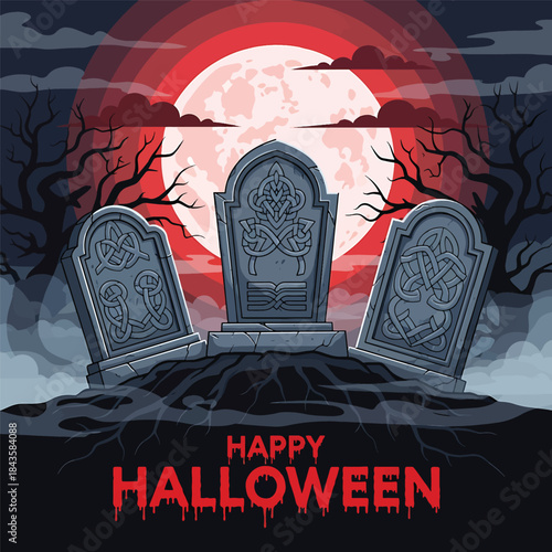 Spooky Halloween graveyard landscape with tombstones and red full moon. Happy Halloween typography text. Scary cemetery night scene vector illustration with grave stones and dead trees bats and fog.