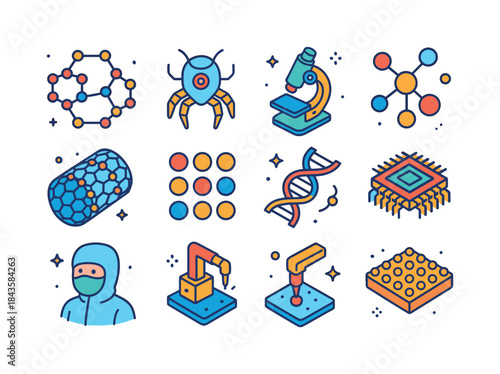 Colorful Nanotechnology Icons. Nanotechnology. Colorful isometri