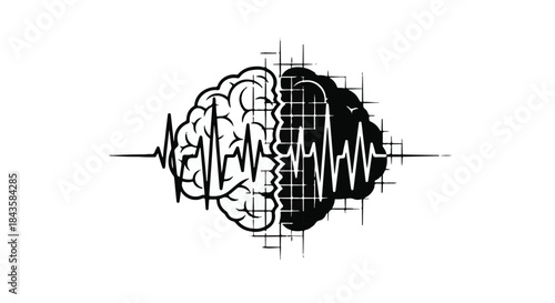 Split brain symbol with heartbeat line, representing duality and life.