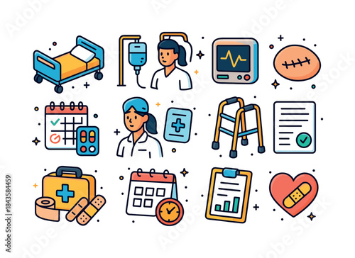 Post-Surgery Recovery Icons. Post-surgery recovery. Colorful iso