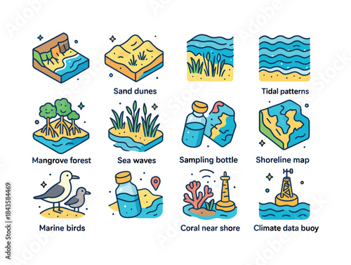 Coastal Studies Icons. Coastal Studies. Colorful isometric vecto