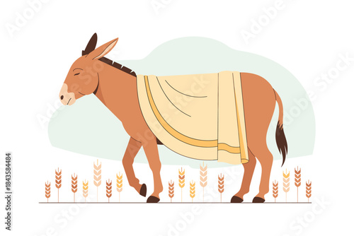 A brown donkey wearing a blanket standing in a field of wheat on