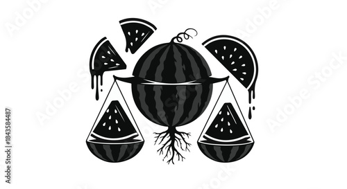 Balance of fresh watermelon slices and whole fruit on a scale with dripping juice and roots