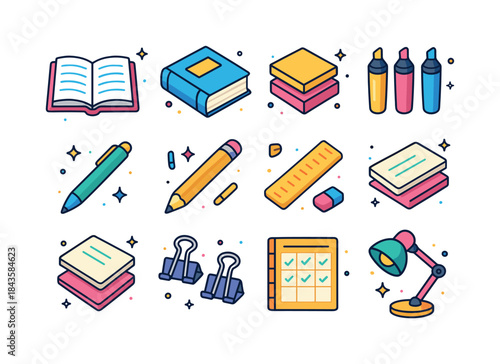 Colorful Study Icons. Study Materials. Colorful isometric vector