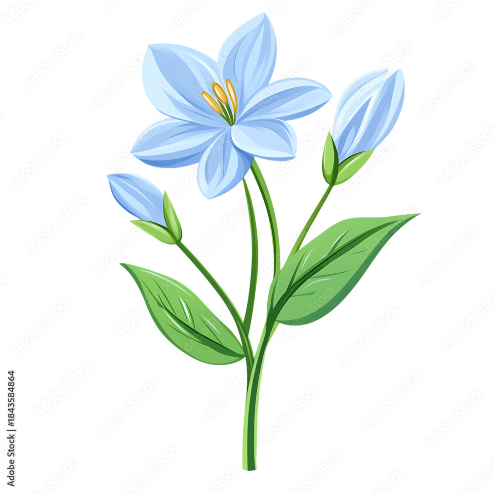 Fototapeta premium Delicate Blue Flower with Green Leaves on Transparent Background Illustration
