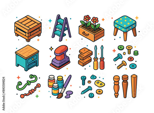 Repurposed Furniture Icons. Repurposed furniture. Colorful isome