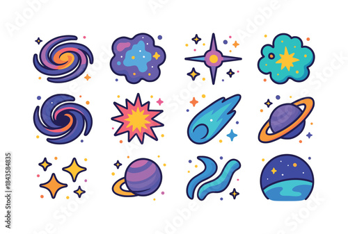Galactic Icons Collection. Galactic Wonders. Colorful isometric