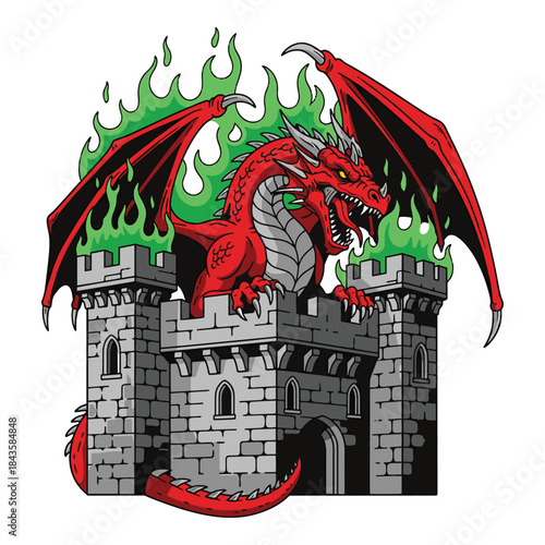 Fierce red dragon perching on medieval castle tower with green magic fire. Fantasy fortress monster vector illustration isolated on white background. Mythical beast defending kingdom walls design.