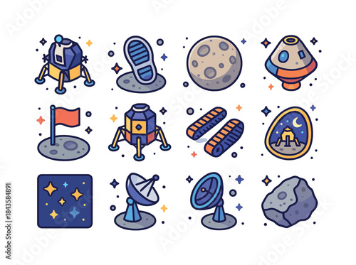 Lunar Exploration Icons. Lunar landings. Colorful isometric vect