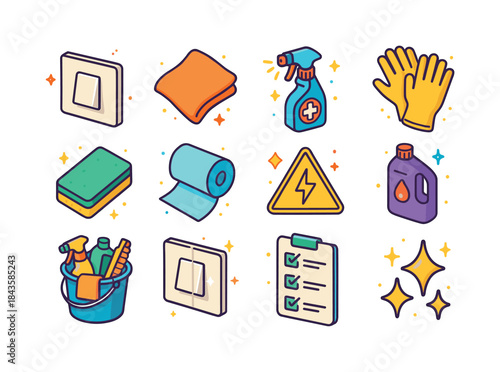 Colorful Cleaning Icons. Cleaning light switches. Colorful isome