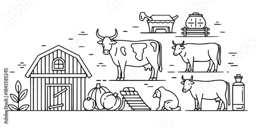 Farm animals and objects line art icons agriculture
