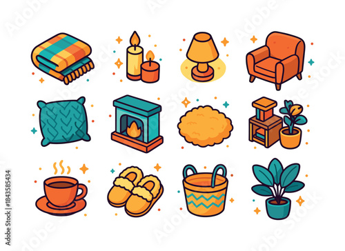 Cozy Living Room Icons. Cozy living room. Colorful isometric vec