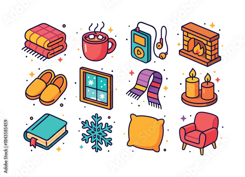 Winter Cozy Icons. Winter relaxation. Colorful isometric vector