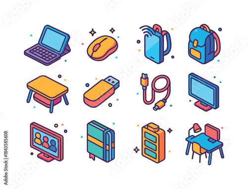 Colorful Mobile Office Icons. Mobile office. Colorful isometric