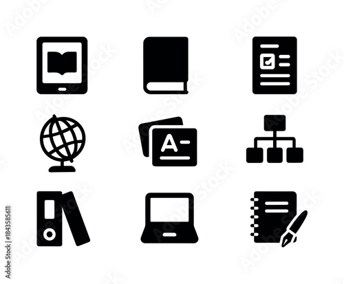 Educational Tools Icons. Learning resources. Solid icon set of l