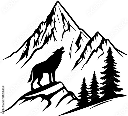 Wolf Howling on Mountain Cliff Illustration