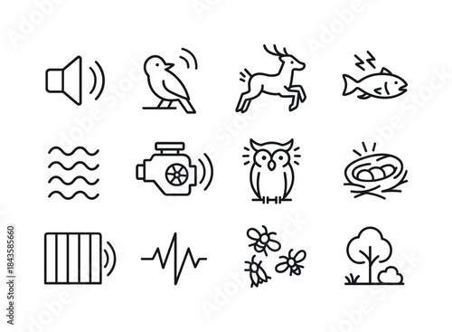 Wildlife Noise Pollution Icons. Noise pollution