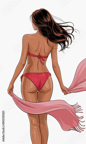 A graceful woman in a chic bikini holds a flowing scarf, radiating confidence and beauty against a minimalist backdrop, capturing a moment of carefree summer vibes.