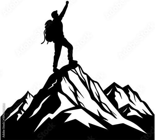 Person on Mountain Peak – Black Silhouette Vector